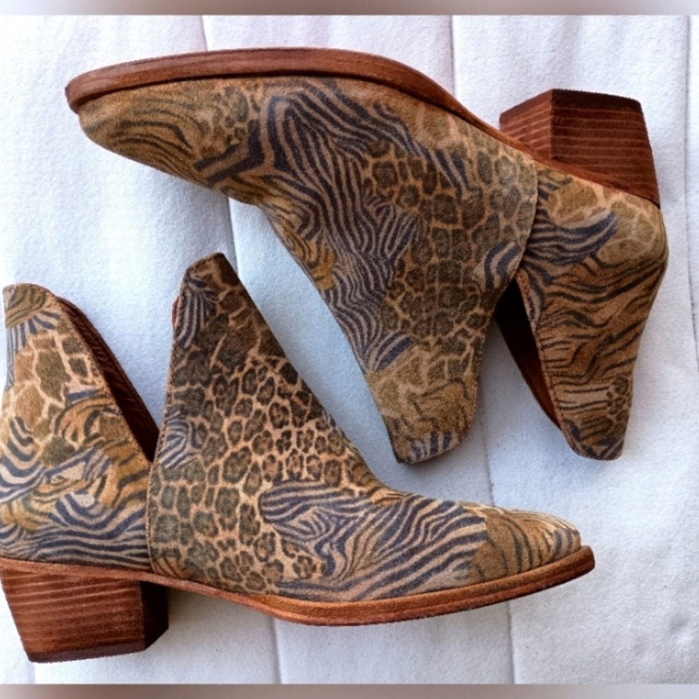 Free People Mixed Animal Print Suede Ankle Boots in Tan and Brown